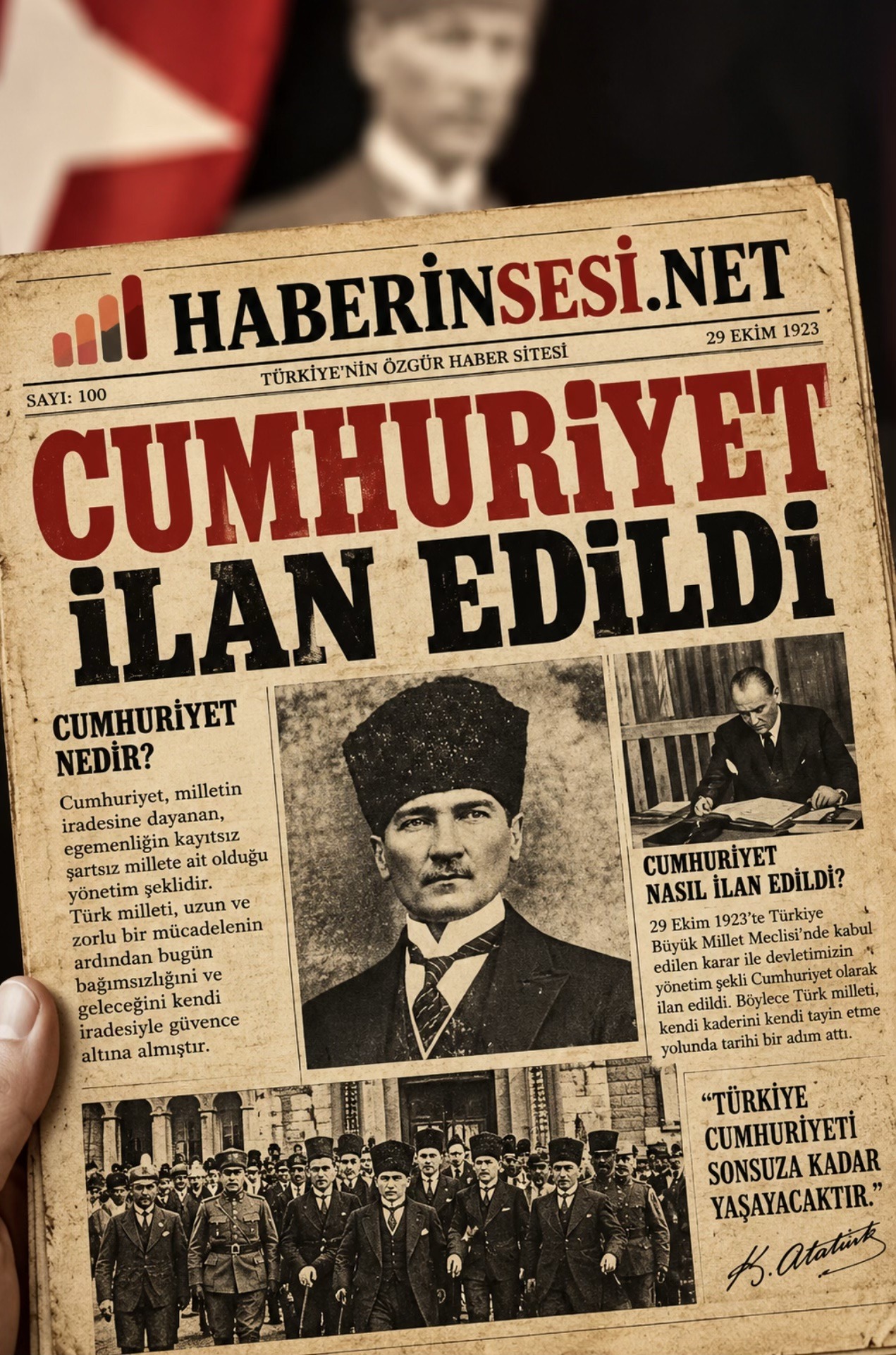 29 Ekim 1923 Cumhuriyet ilan edildi temsili gazete sayfası