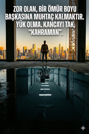 Yapay zekâyla hazırlanmış iş güvenliği farkındalık afişi: Yük olma, kancayı tak