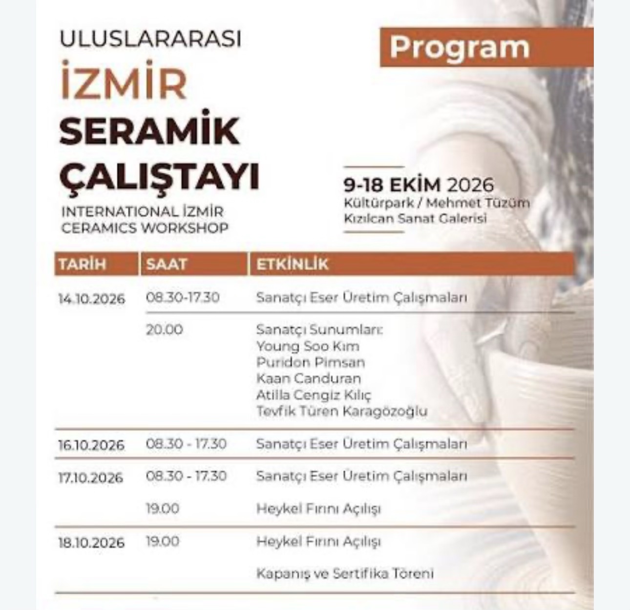 Uluslararası İzmir Seramik Çalıştayı programı