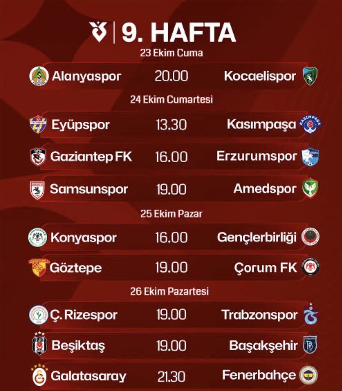 Süper Lig 9. hafta maç programı: 23-26 Ekim maç saatleri