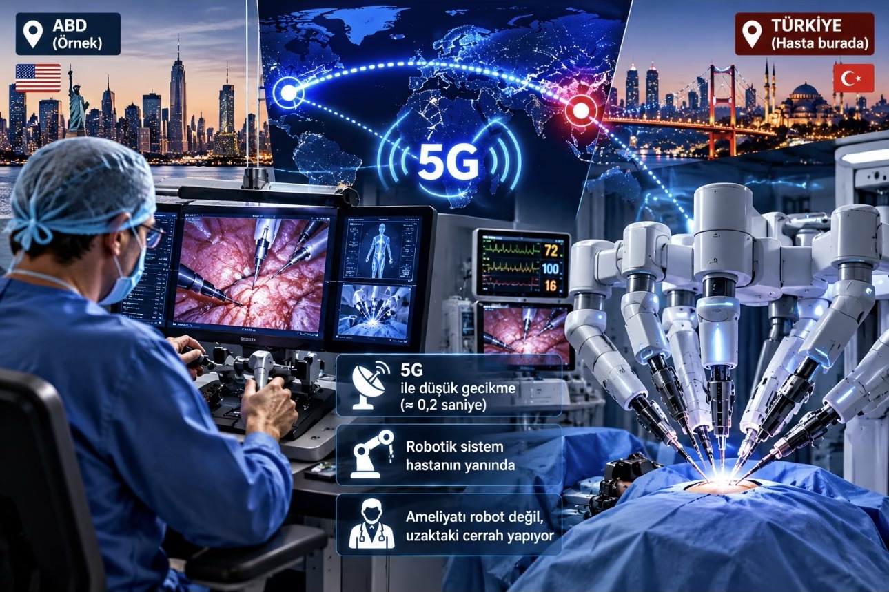Telecerrahi: cerrah uzaktaki konsolda, robotik sistem hastanın yanında
